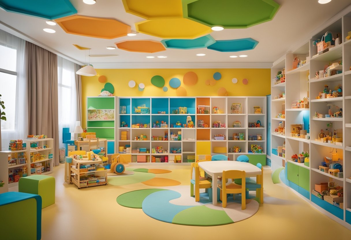 A room with colorful shelves and toys

Description automatically generated