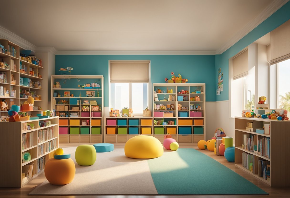 रंगीन खिलौनों और अलमारियों वाला एक कमरा विवरण स्वचालित रूप से उत्पन्न होता है
