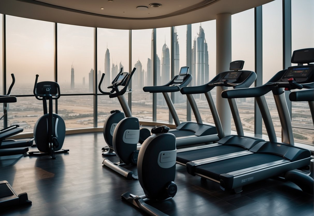 A room with exercise equipment and a view of the city

Description automatically generated