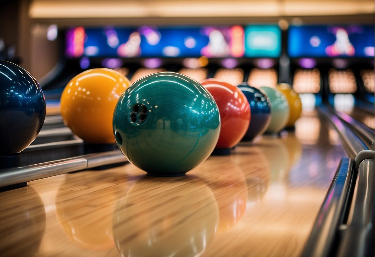 A row of bowling balls on a tableDescription automatically generated