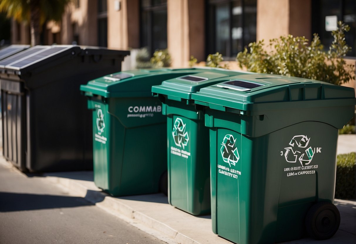 A row of green trash cans

Description automatically generated