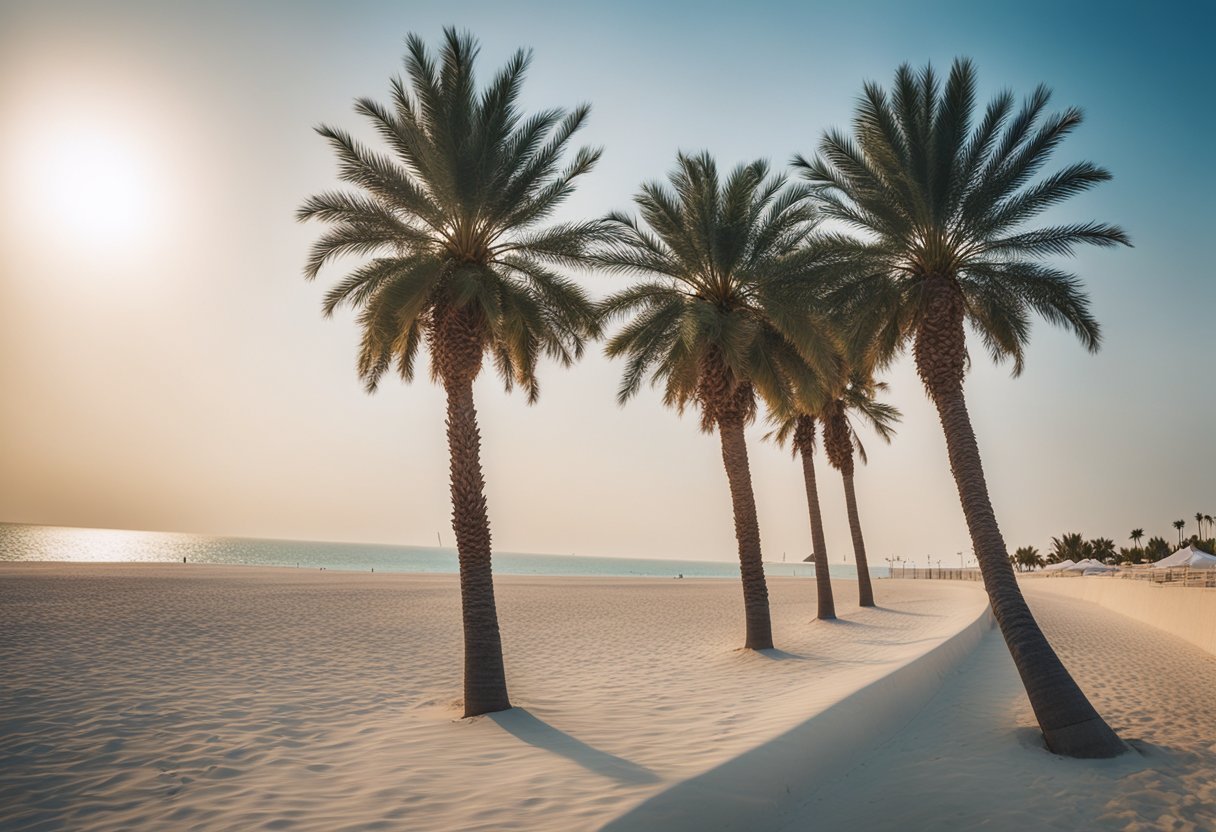 A row of palm trees on a beachDescription automatically generated