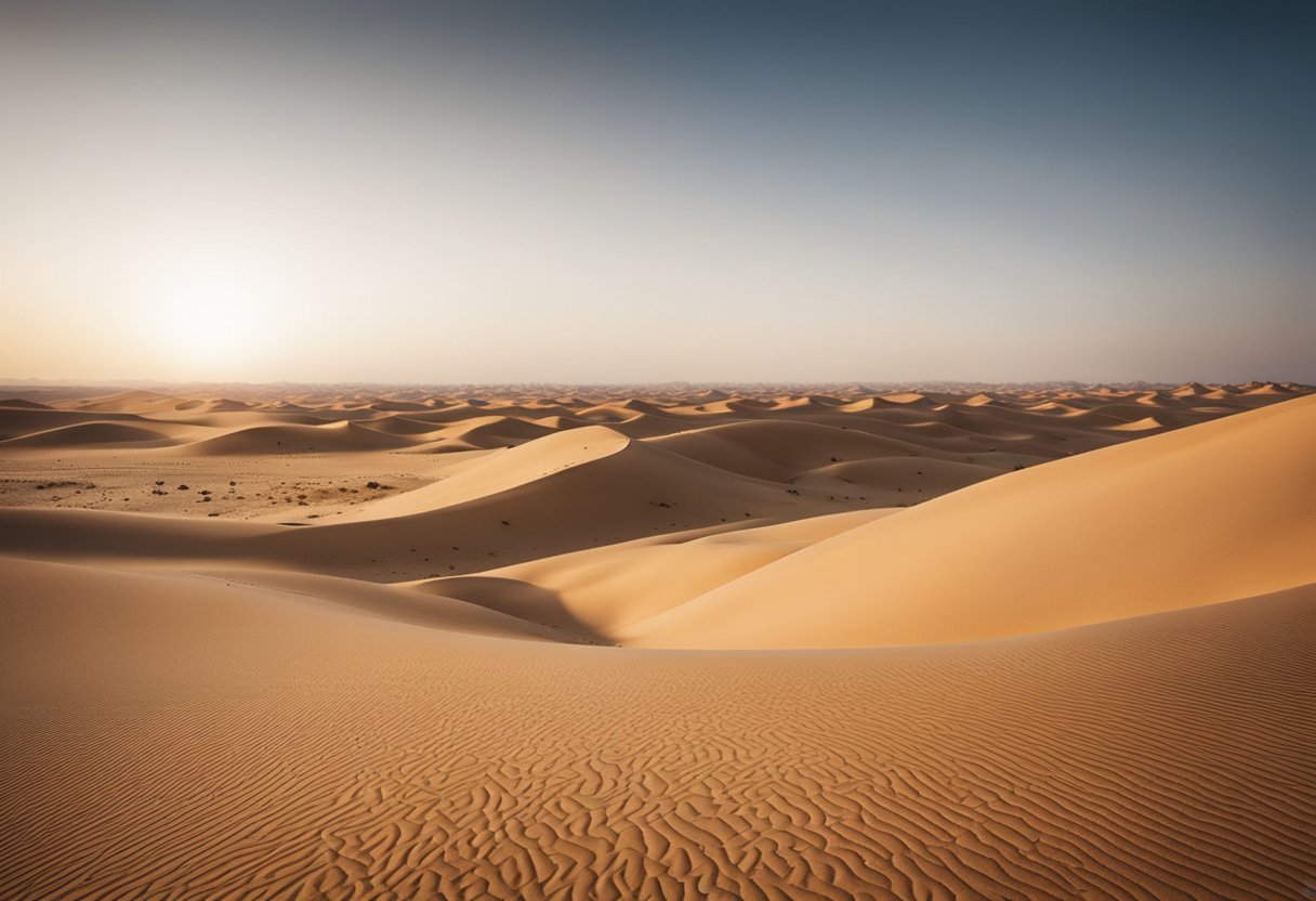 नीले आकाश के साथ एक रेतीला रेगिस्तान, विवरण स्वचालित रूप से उत्पन्न होता है