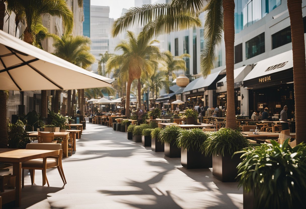 A sidewalk with tables and chairs and palm trees

Description automatically generated