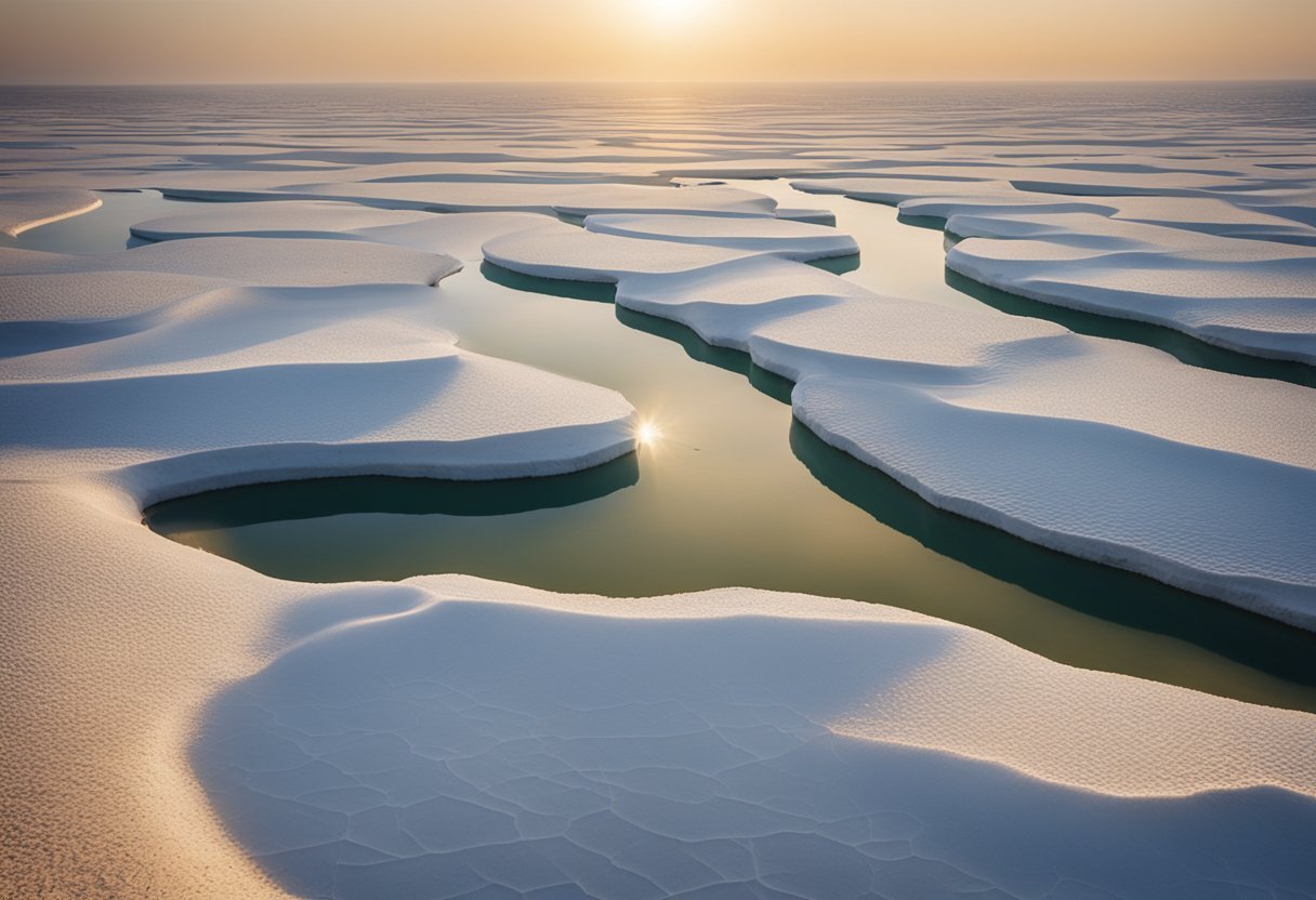 Icebergs cobertos de neve em um corpo de águaDescrição gerada automaticamente