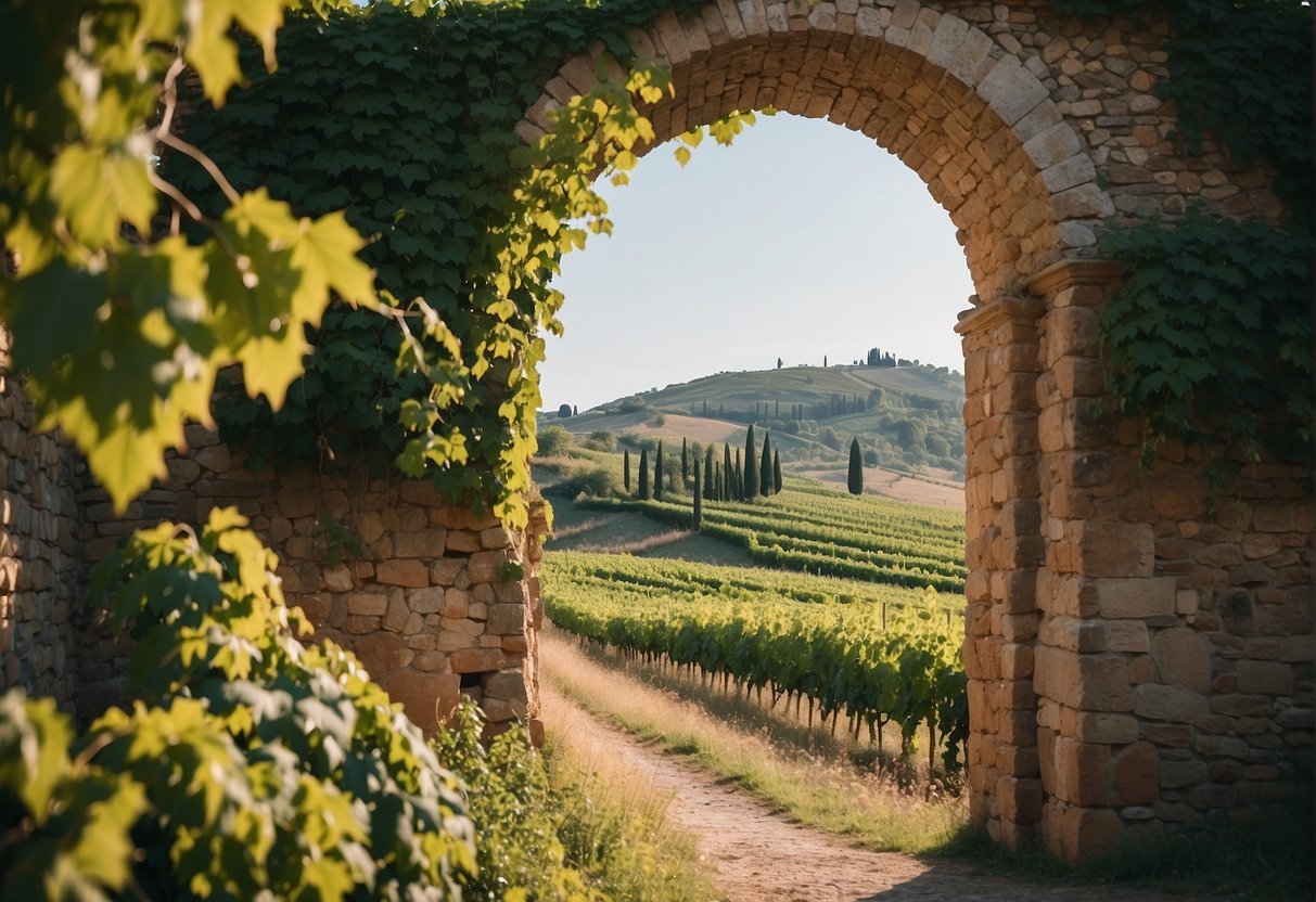 Каменная арка, на которой растут виноградные лозыОписание создается автоматически