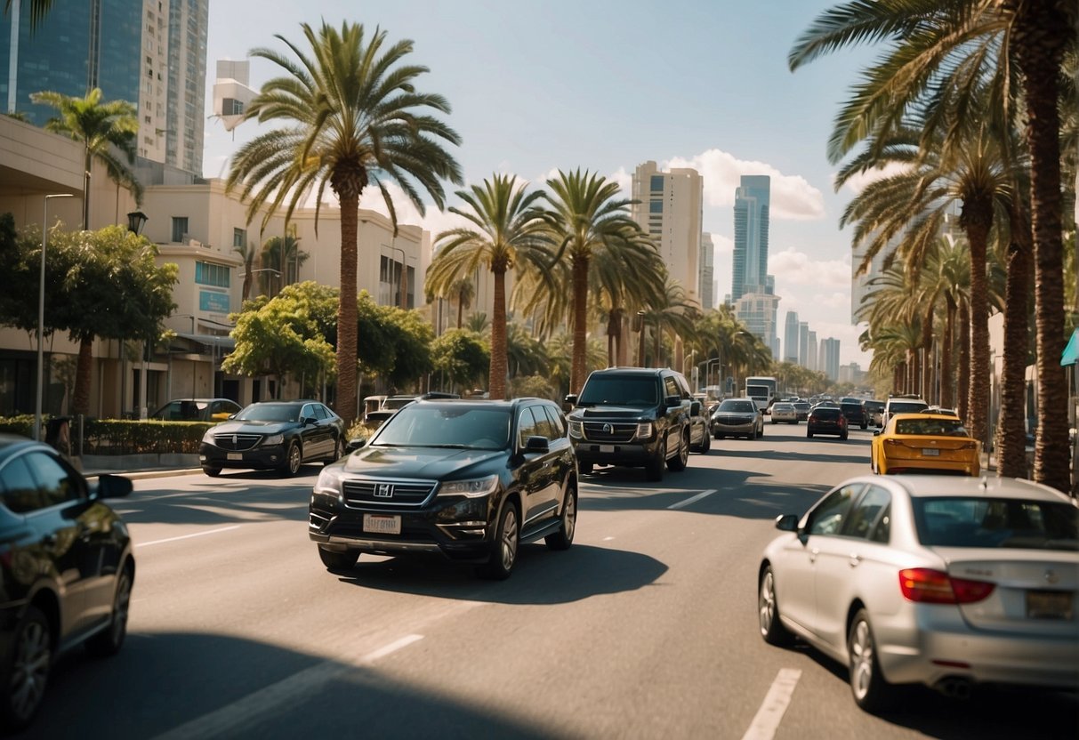 Une rue avec des voitures et des palmiersDescription générée automatiquement