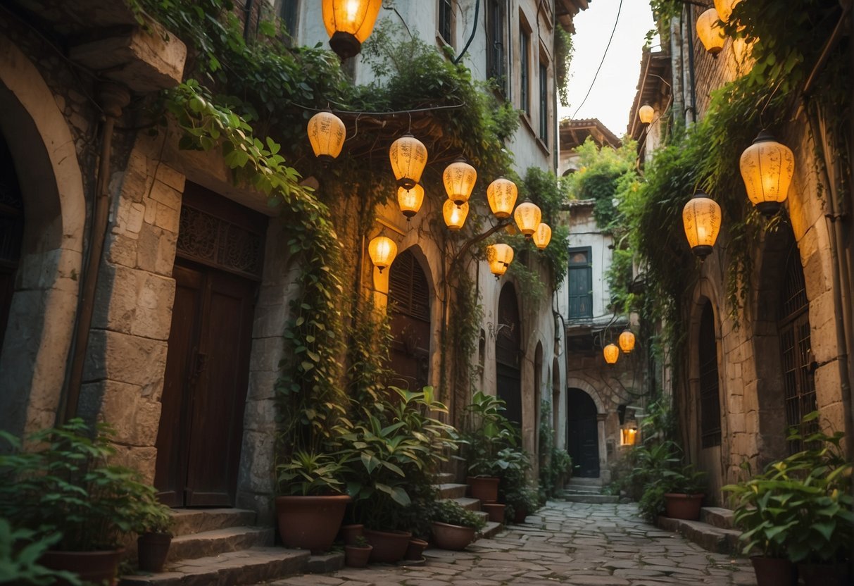 A street with lanterns and plantsDescription automatically generated with medium confidence