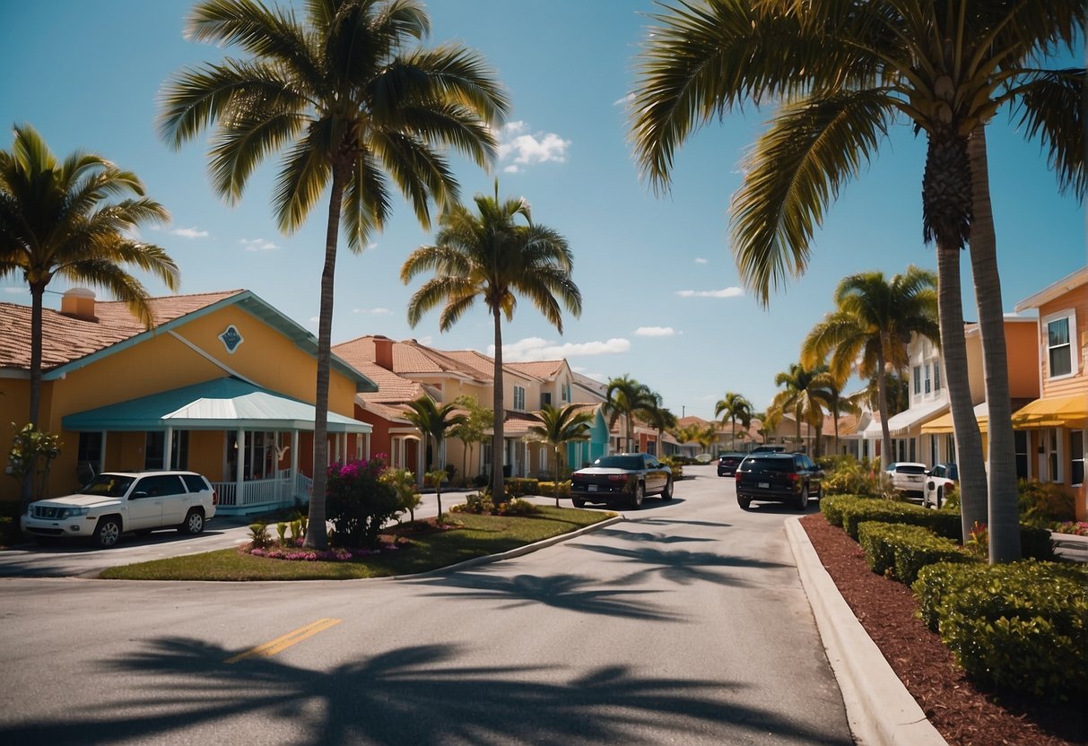 A street with palm trees and houses Description automatically generated