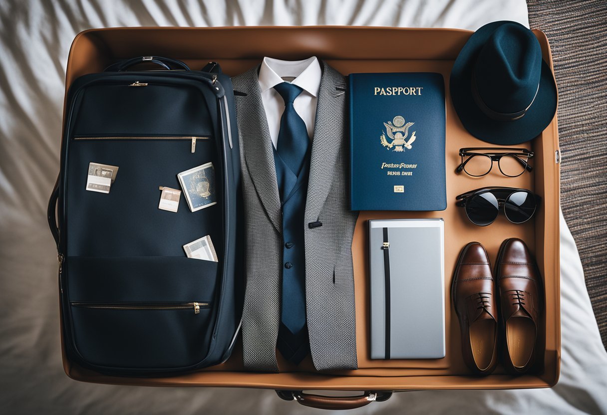A suitcase with a suit and tie and shoesDescription automatically generated