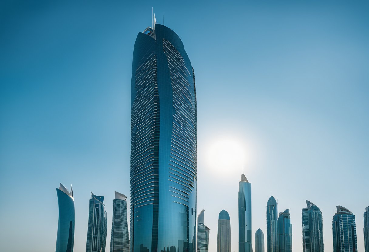 A tall building with a blue skyDescription automatically generated