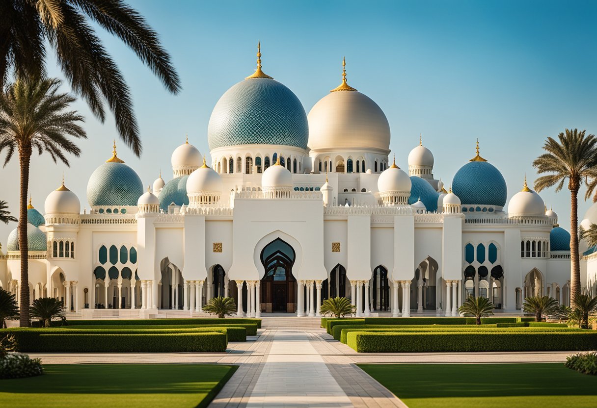 A white building with blue domes with Sheikh Zayed Mosque in the background