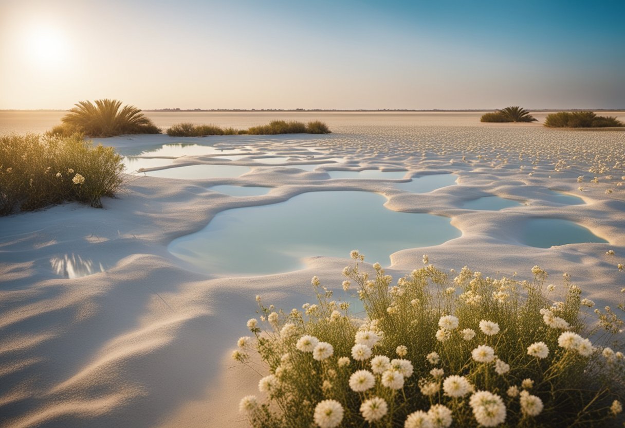 Una arena blanca con flores blancasDescripción generada automáticamente