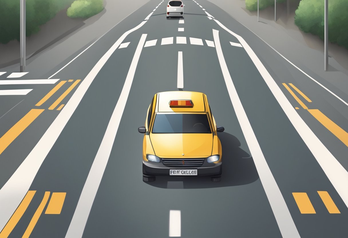 A yellow car driving on a roadDescription automatically generated