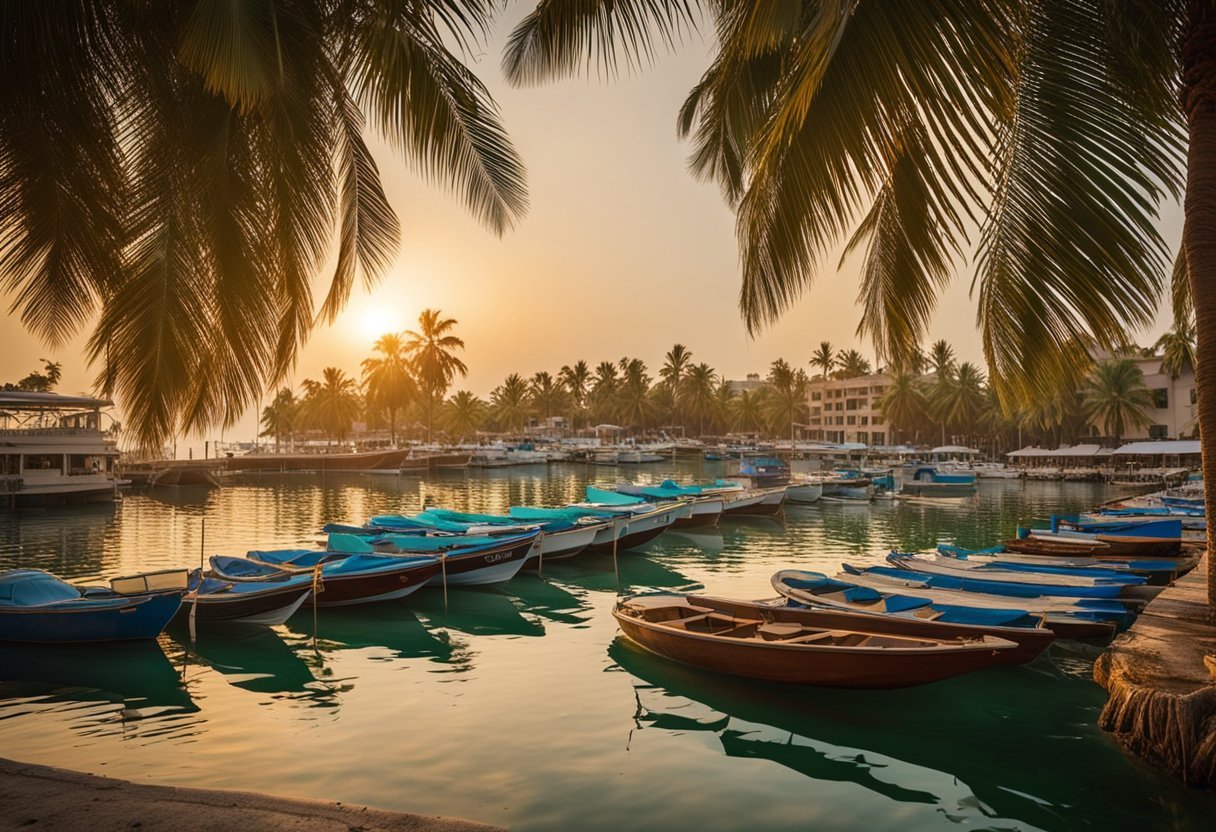 Boats in a body of water with palm trees and buildings

Description automatically generated
