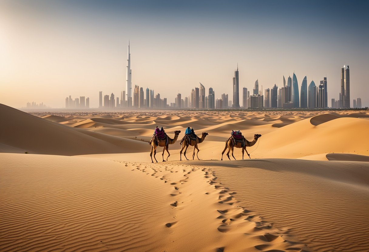 Camels walking through the desert with a city in the backgroundDescription automatically generated