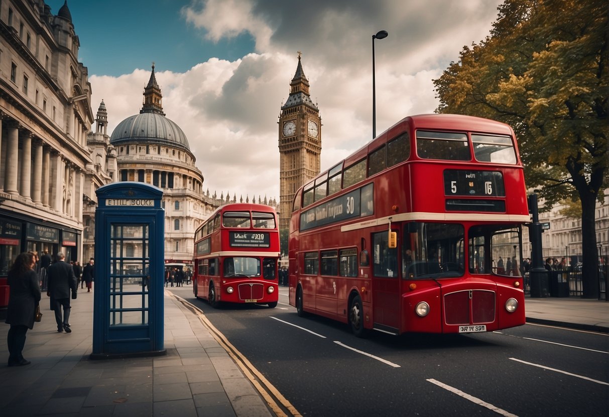 Double decker buses on a street next to a telephone booth

Description automatically generated