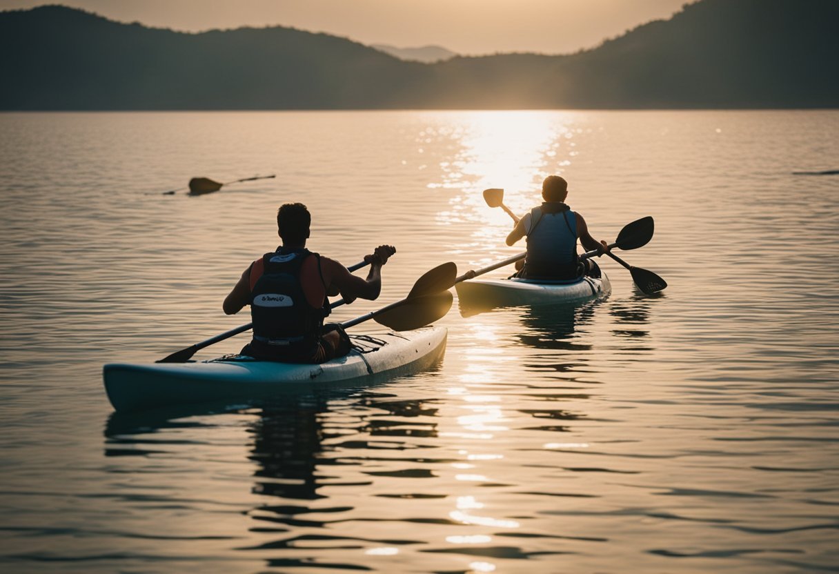 Two people in kayaks on a lakeDescription automatically generated