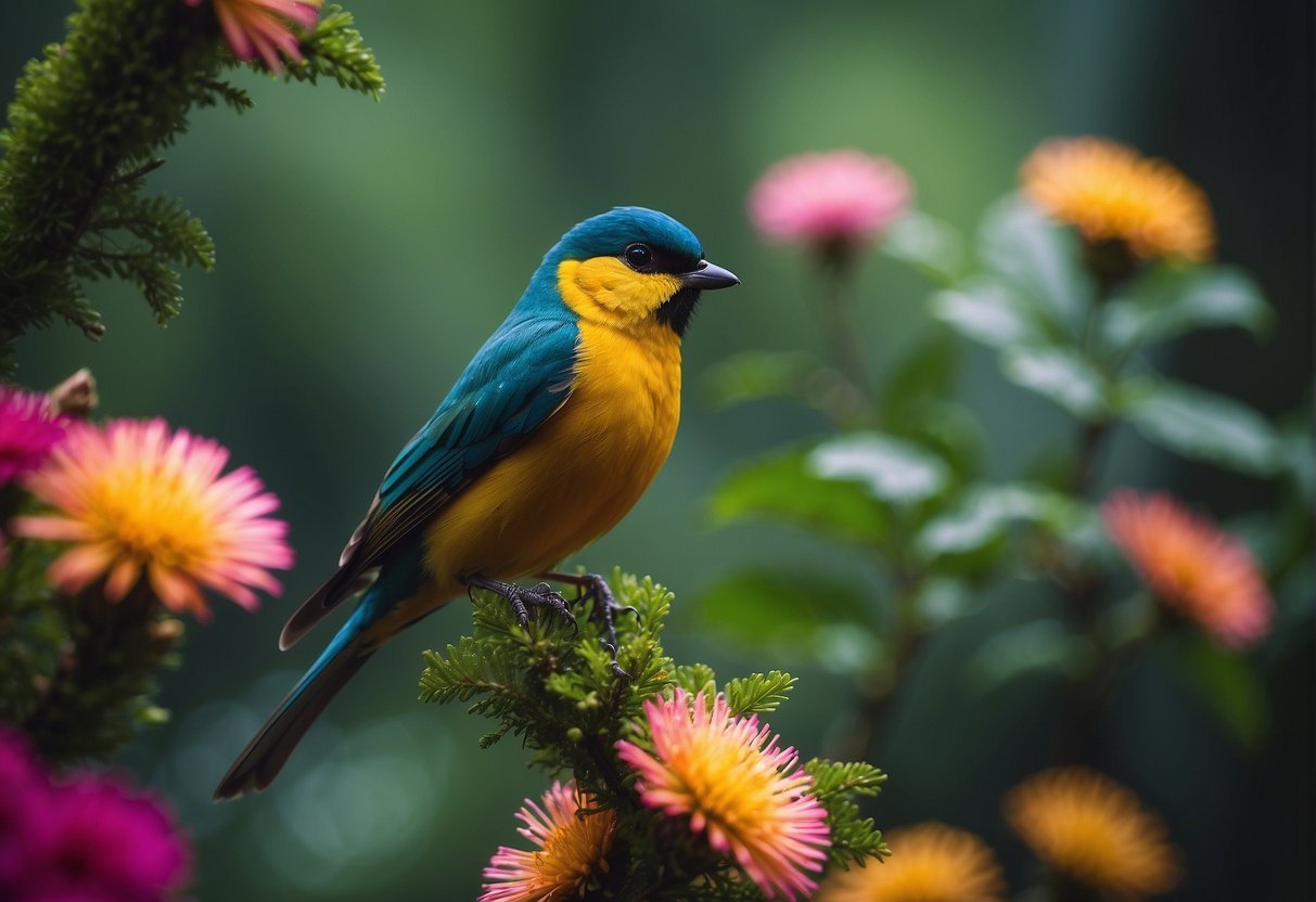 A bird sitting on a branch with flowers

Description automatically generated