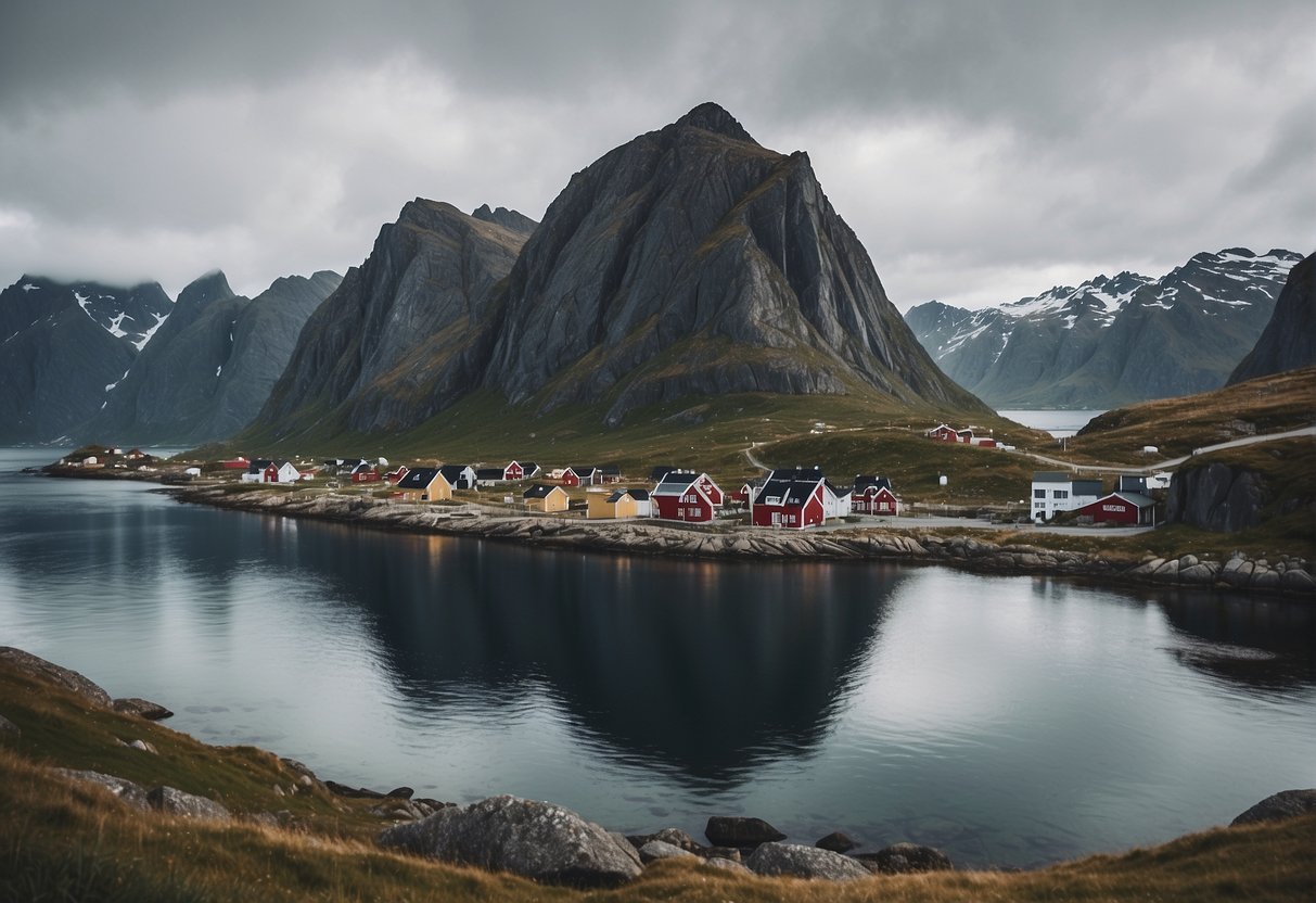 A body of water with mountains and houses with Lofoten in the backgroundDescription automatically generated