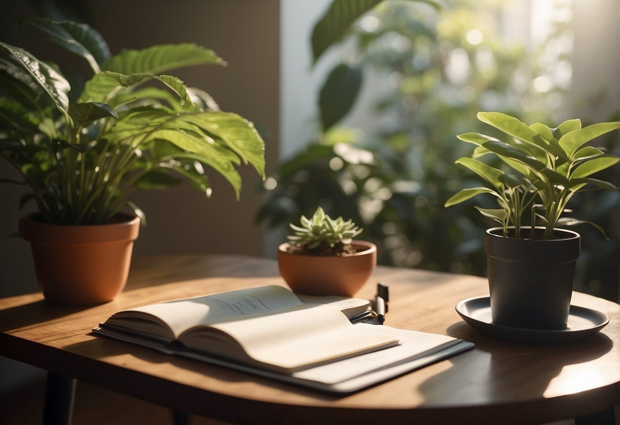 A book and potted plants on a tableDescription automatically generated