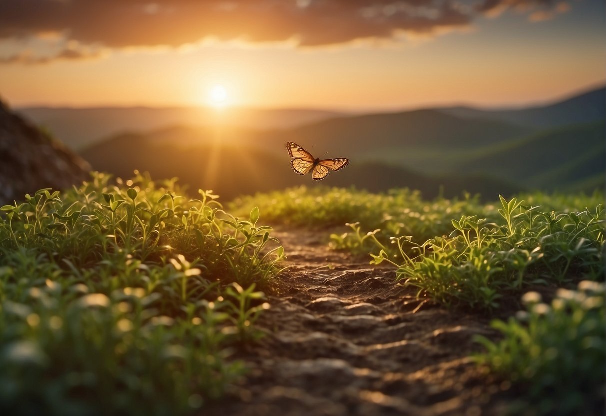 A butterfly flying over a dirt path

Description automatically generated