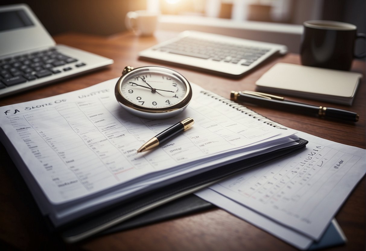 Une horloge sur un cahier et un stylo sur un bureauDescription générée automatiquement
