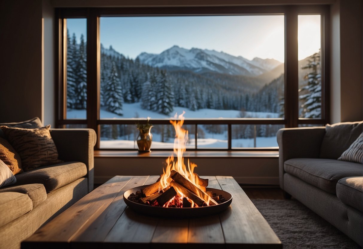 A fireplace in a room with a view of mountains and snowDescription automatically generated