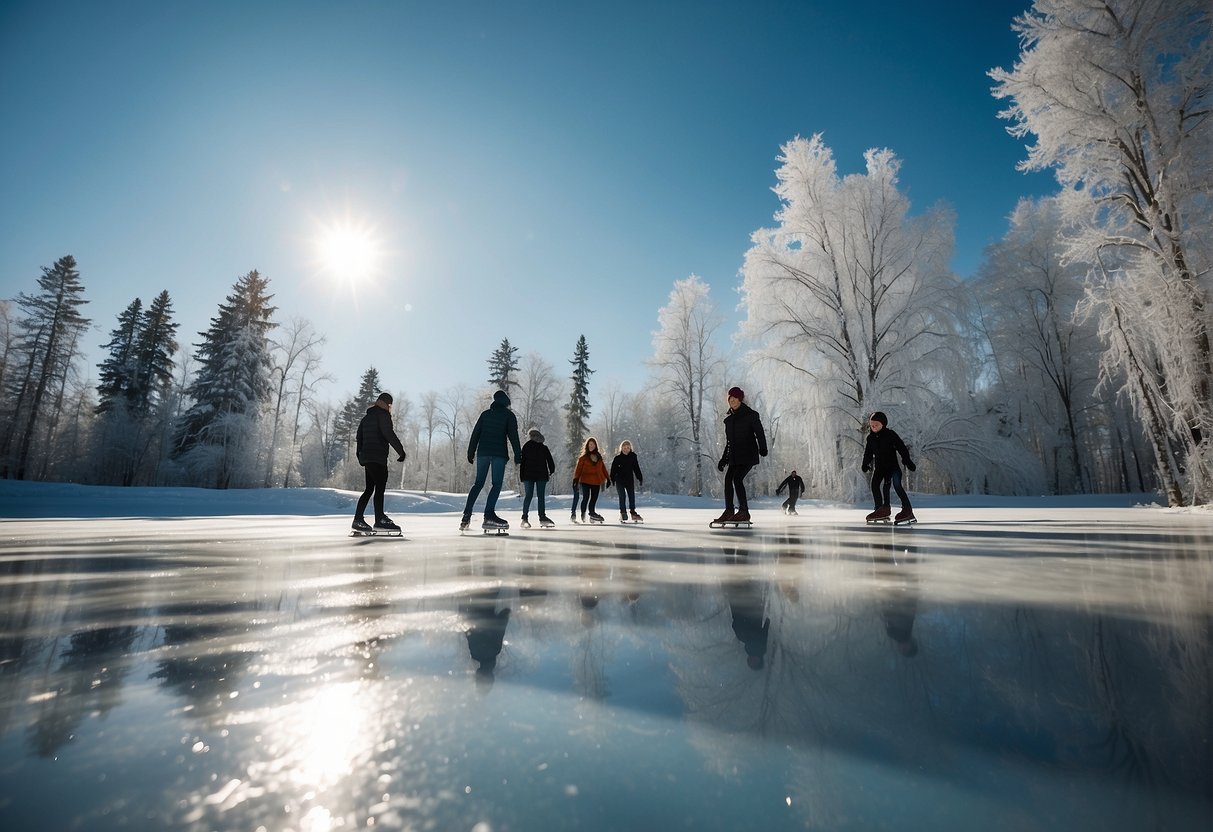 जमी हुई झील पर आइस स्केटिंग कर रहे लोगों के एक समूह का विवरण स्वचालित रूप से उत्पन्न होता है