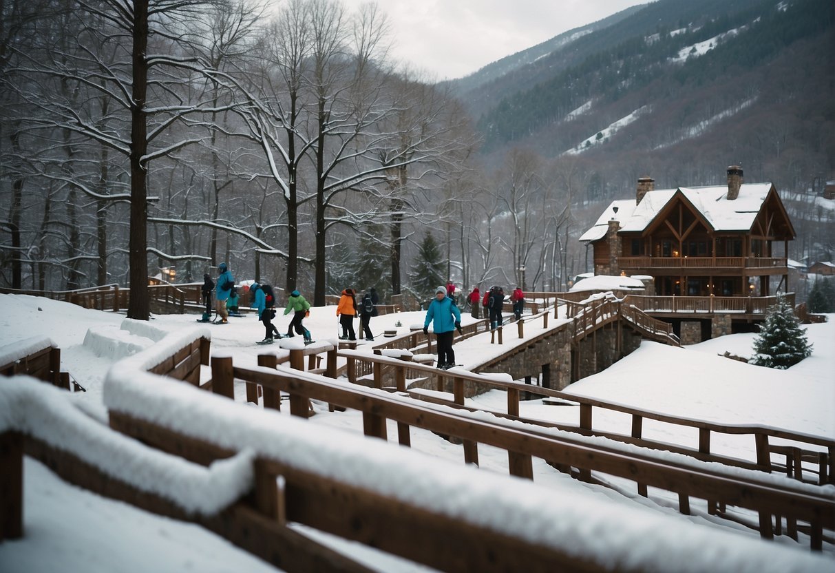 Un groupe de personnes sur un pont dans la neigeDescription générée automatiquement
