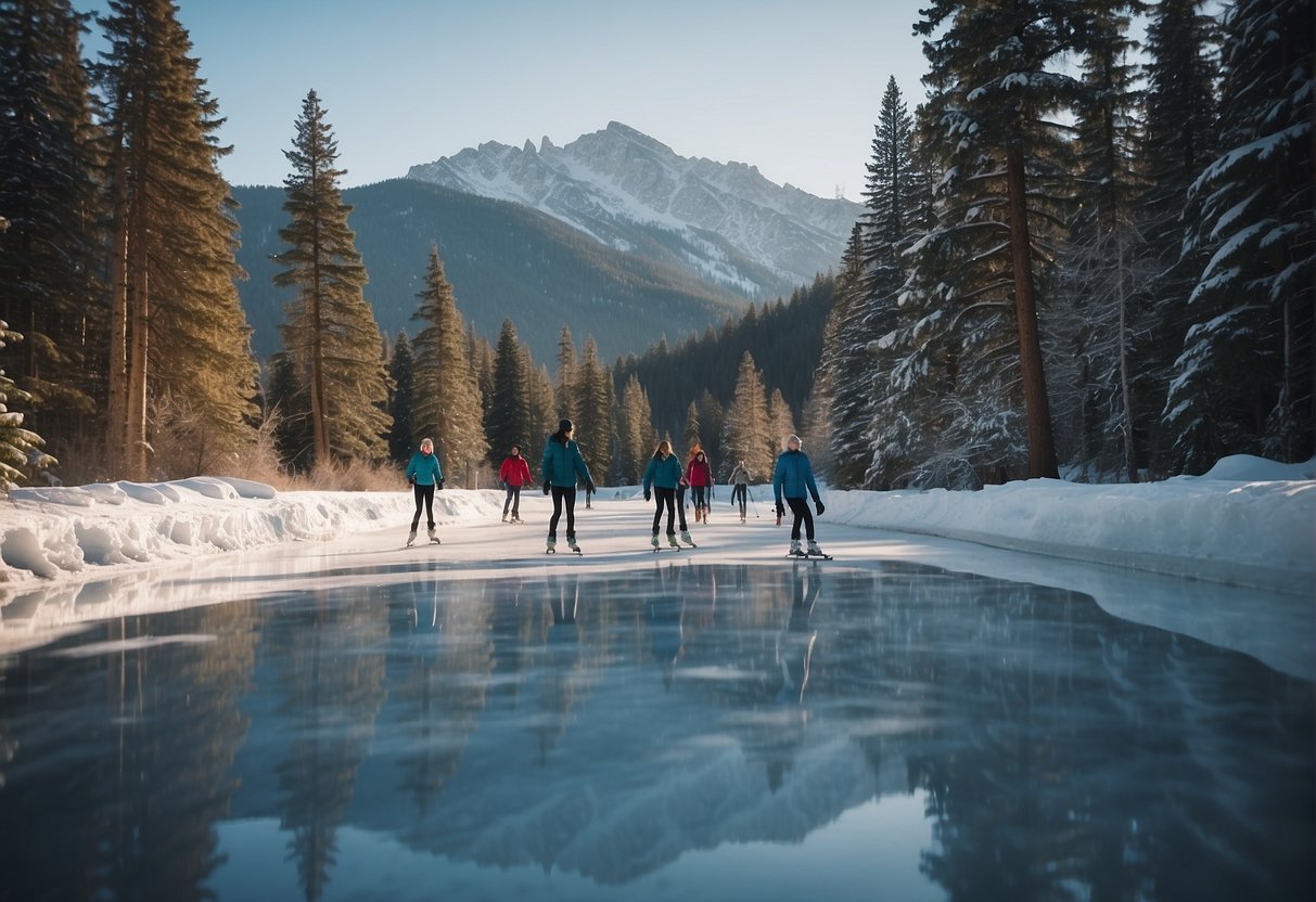 A group of people skating on a frozen lakeDescription automatically generated