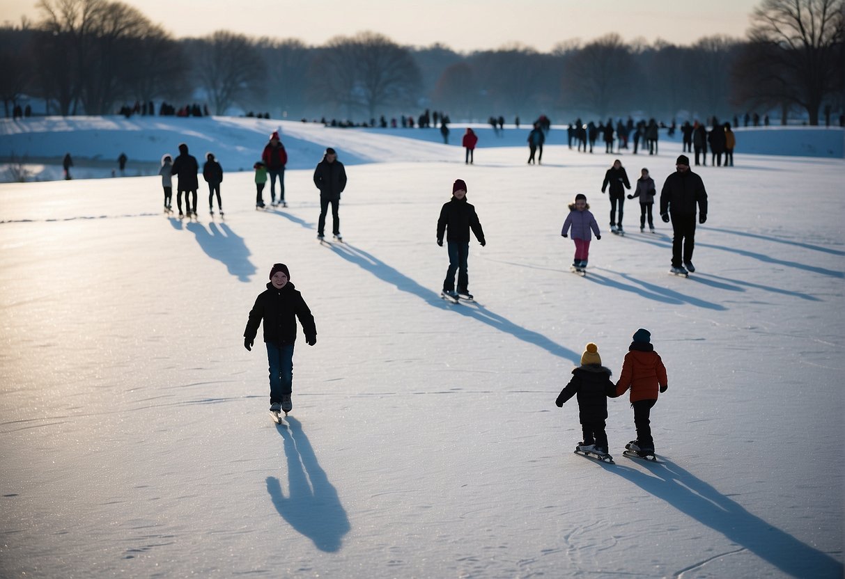 A group of people are skating in the snow.  Description automatically generated