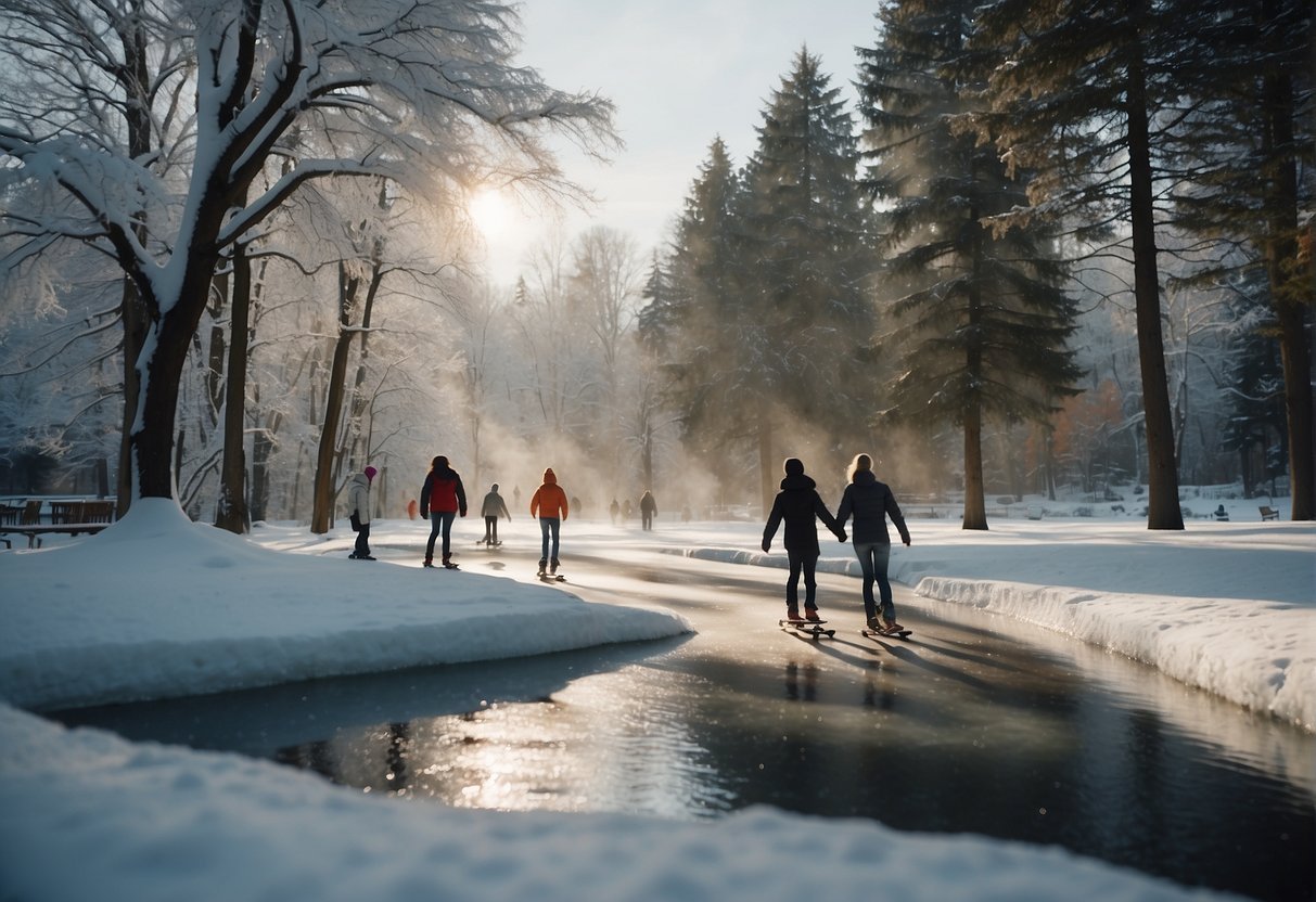 Группа людей, катающихся на лыжах по рекеОписание создается автоматически