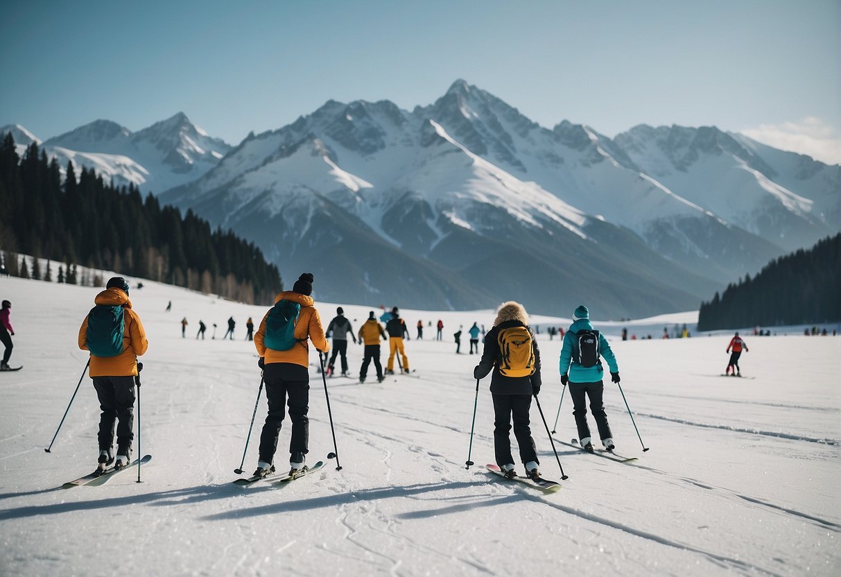 A group of people skiing on a snowy mountainDescription automatically generated