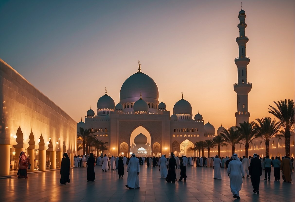 Un grupo de personas caminando frente a un gran edificio con la mezquita Sheikh Zayed al fondo. Descripción generada automáticamente.