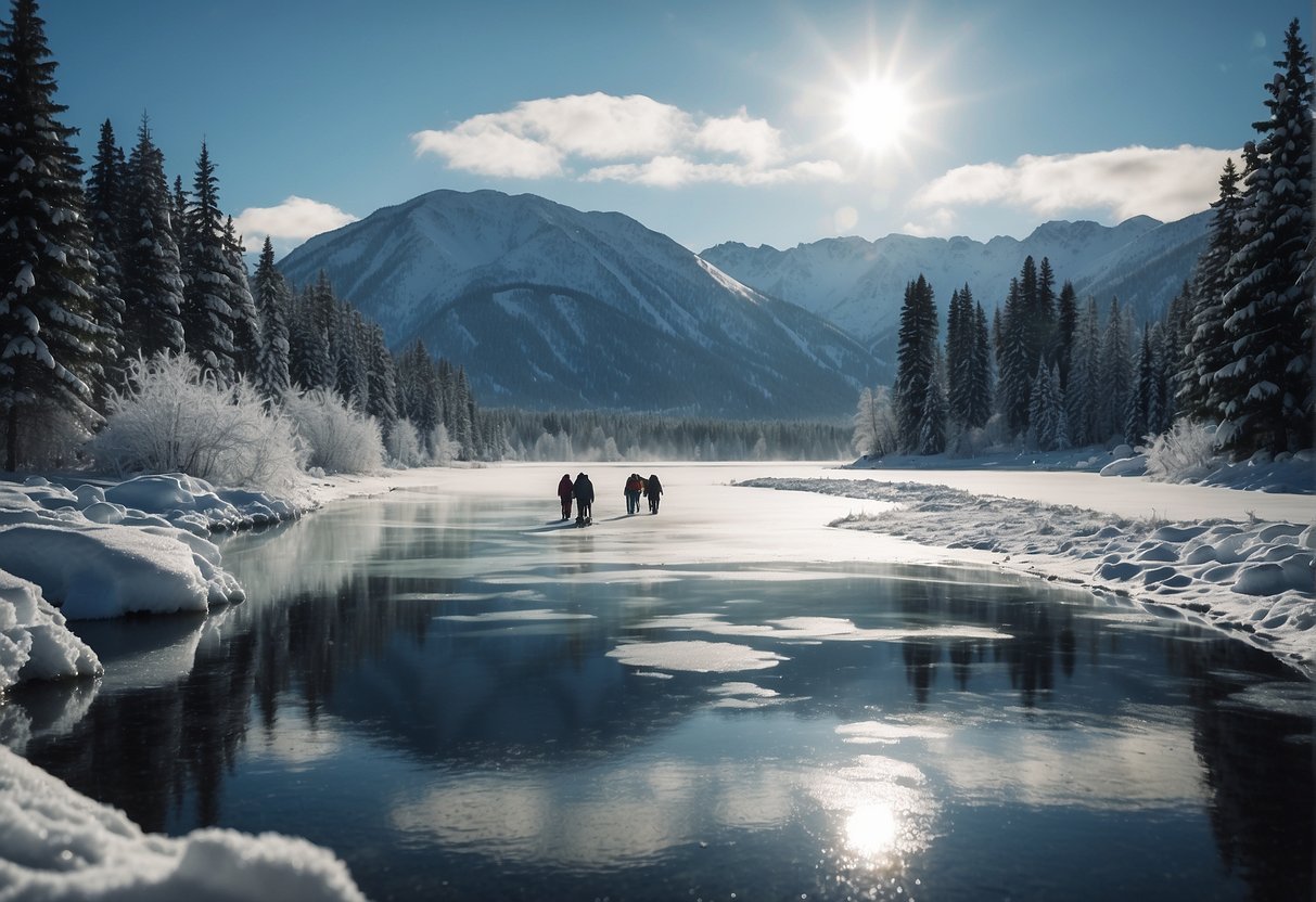 A group of people walking on a frozen riverDescription automatically generated