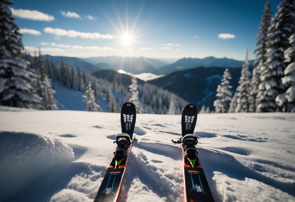 A pair of skis on a snowy mountainDescription automatically generated