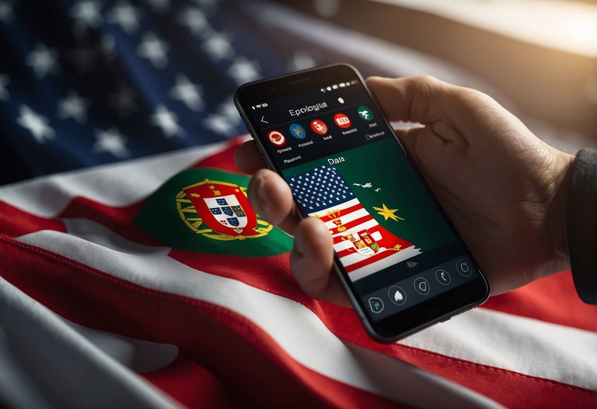 A person holding a phone in front of a flag

Description automatically generated