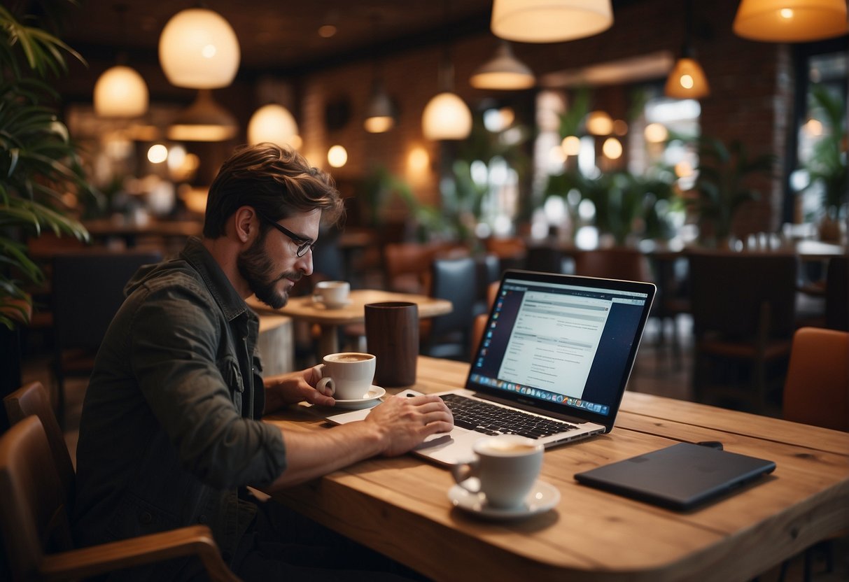 Человек сидит за столом с компьютером и кофеОписание создается автоматически