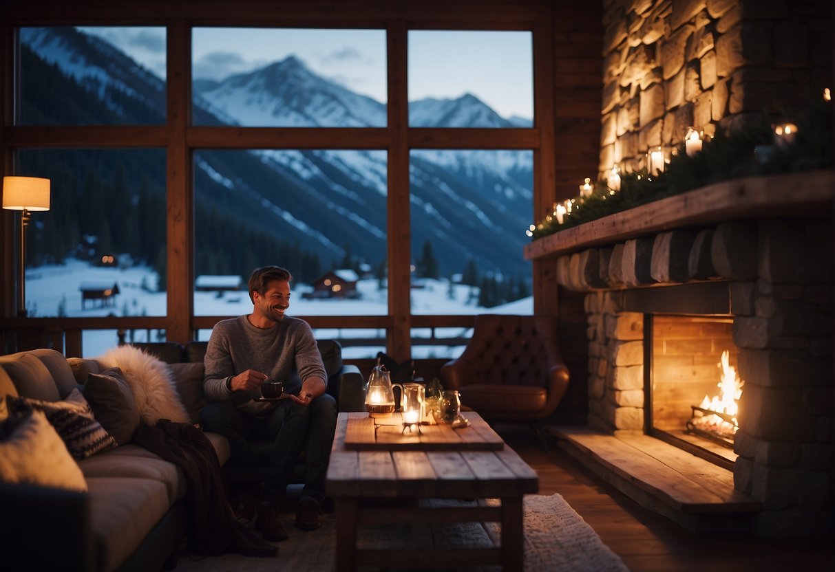 A person sitting in a living room with a fireplace and a mountain view

Description automatically generated