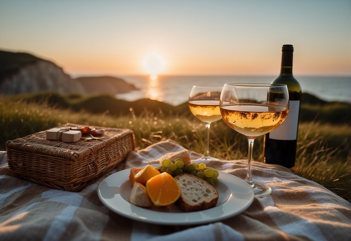 A picnic with wine and food on a blanketDescription automatically generated