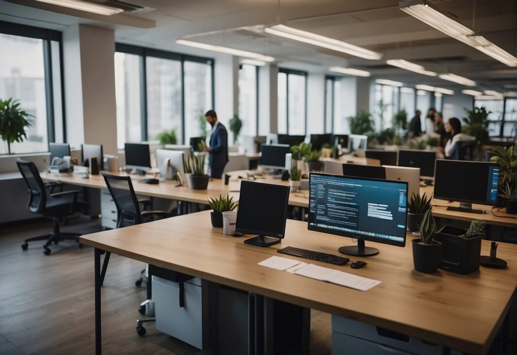 A room with computers and people in the background Description automatically generated