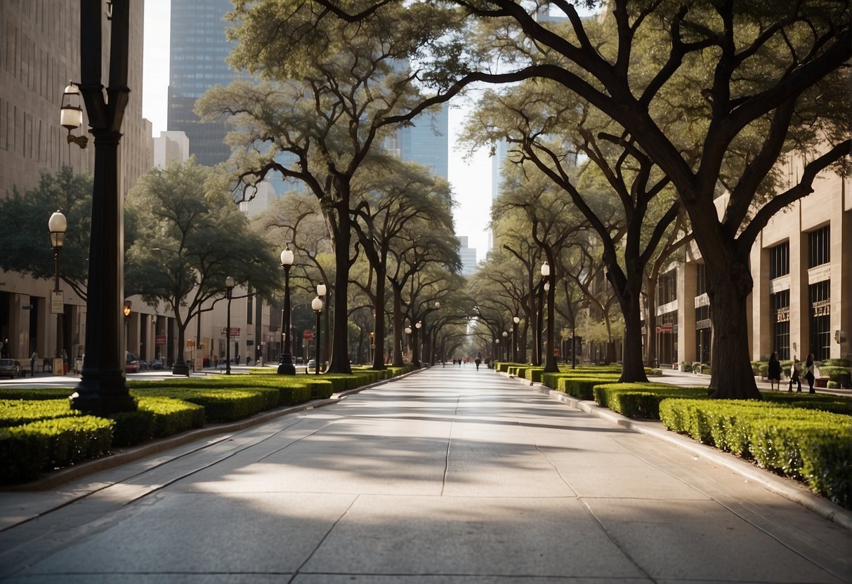 Uma calçada com árvores e edifíciosDescrição gerada automaticamente
