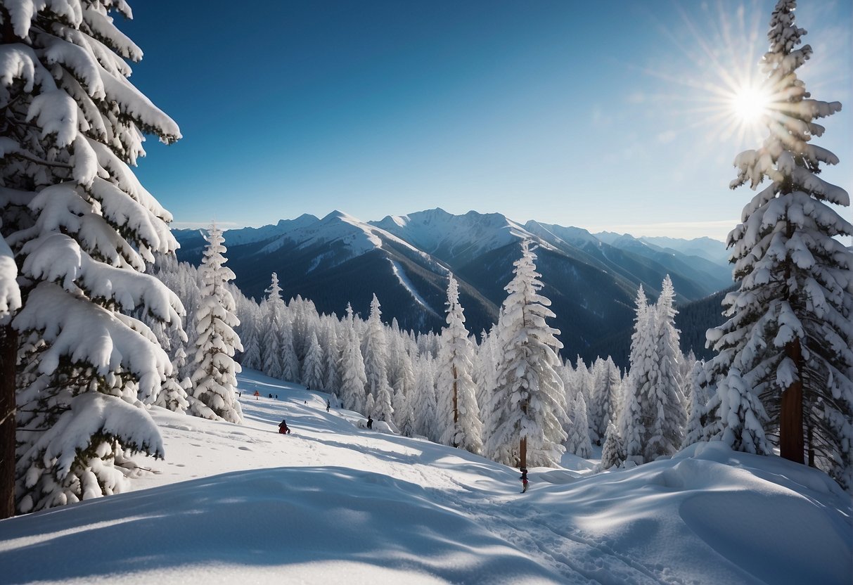 Uma paisagem montanhosa nevada com árvores e montanhas ao fundoDescrição gerada automaticamente
