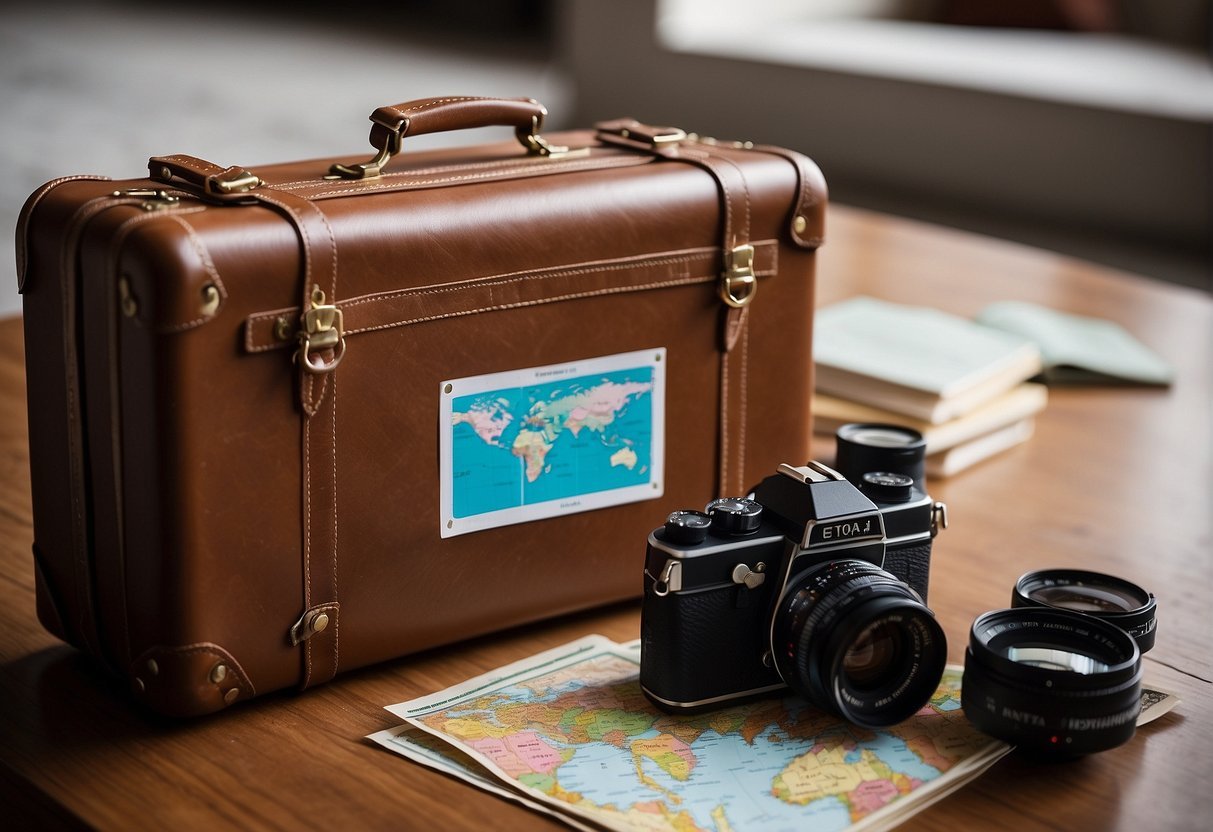 A suitcase and camera on a tableDescription automatically generated