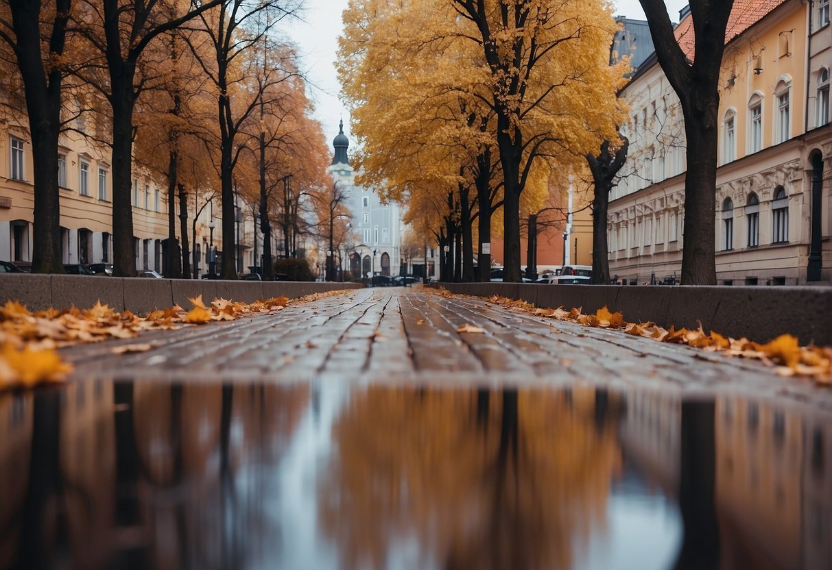 A wet sidewalk with trees and buildings in the backgroundDescription automatically generated