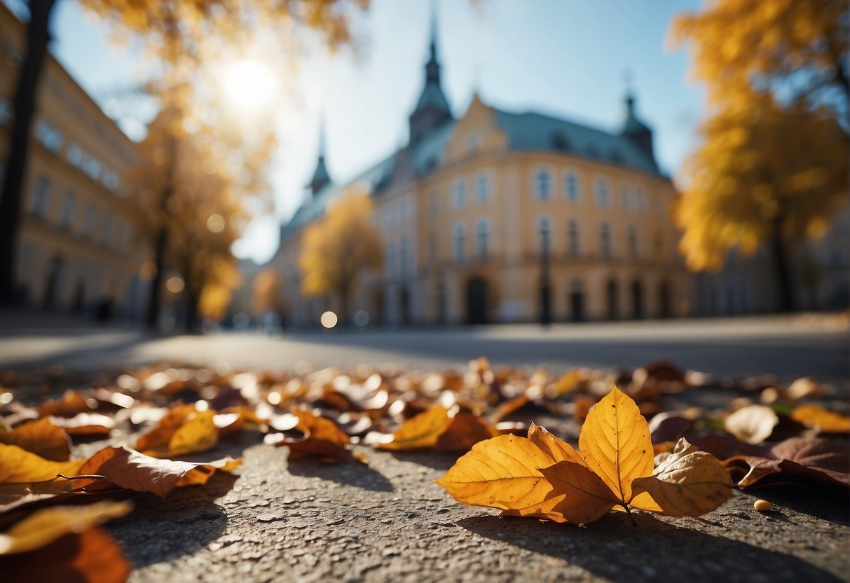 Leaves on the ground in front of a buildingDescription automatically generated