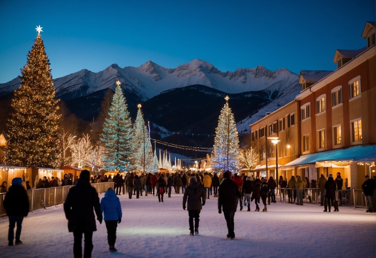 Personnes marchant dans la neige avec des arbres de Noël et des bâtimentsDescription générée automatiquement