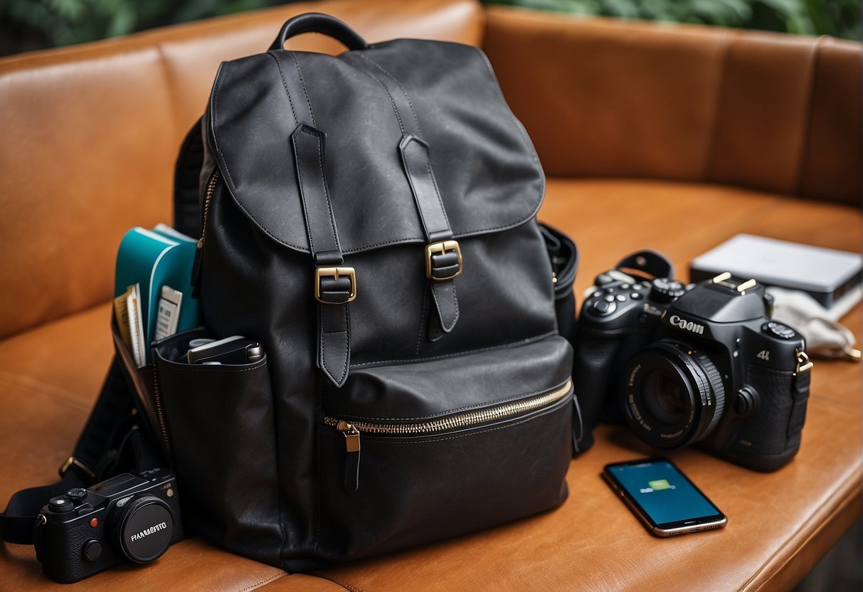 Una mochila llena de una computadora portátil, un cargador portátil, una cámara y artículos de tocador de viaje. Un teléfono inteligente y un pasaporte se asoman desde un bolsillo lateral.
