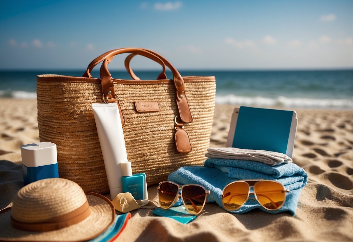 A beach bag filled with sunscreen, hat, sunglasses, and a towel. A passport, plane tickets, and a guidebook lay next to the bag